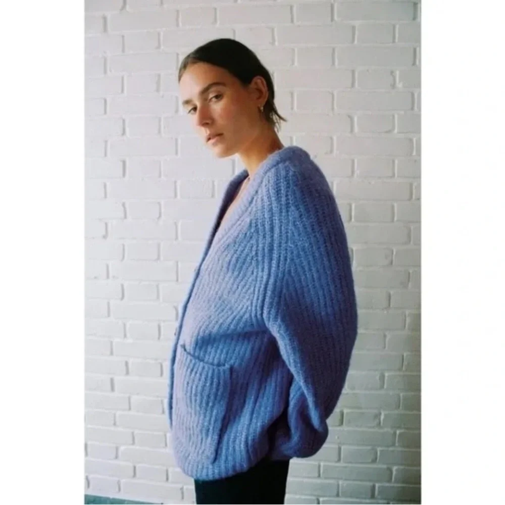 Zara Cardigan Sweater Chunky Grandpa Alpaca Blend Blue Heather Size Medium